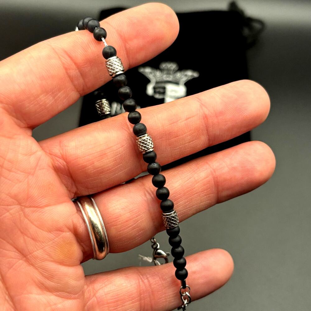 Blackjack BJS37BON Mens Genuine Onyx Stainless Steel Beaded Bracelet NIBWT - Picture 6 of 17